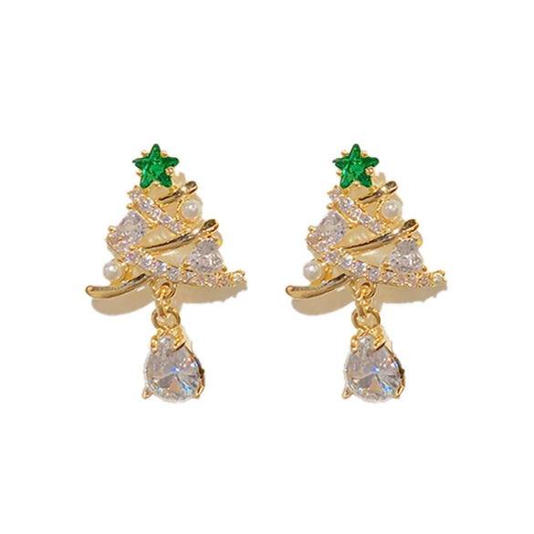 Women's Copper Christmas Tree Earrings With Zircon Inlay Geometric Star And Floral Design Light Luxury Style