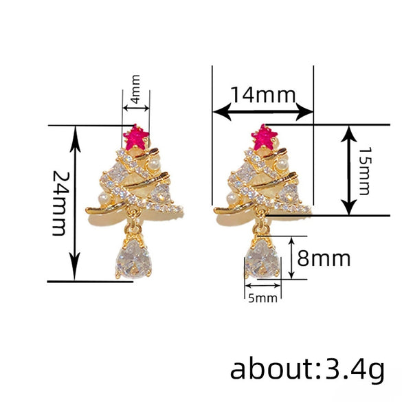 Women's Copper Christmas Tree Earrings With Zircon Inlay Geometric Star And Floral Design Light Luxury Style