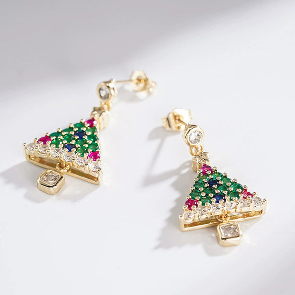 Women's Copper Christmas Tree Star Earrings Colorful Sparkling Holiday Jewelry With Festive Plant Inspired Design