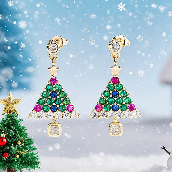 Women's Copper Christmas Tree Star Earrings Colorful Sparkling Holiday Jewelry With Festive Plant Inspired Design