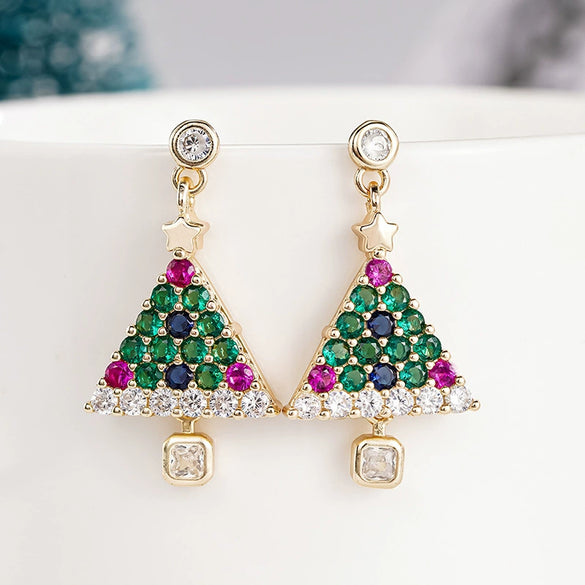 Women's Copper Christmas Tree Star Earrings Colorful Sparkling Holiday Jewelry With Festive Plant Inspired Design