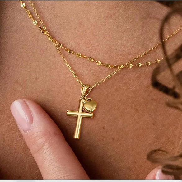 Women's Copper Cross And Heart Necklace With Electroplated Geometric Pendant Simple Versatile Clavicle Chain Trendy Jewelry