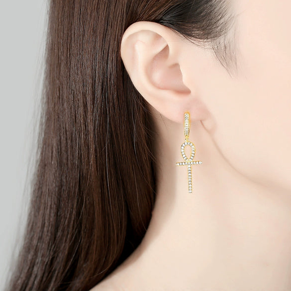 Women's Copper Cross Earrings With Zircon Accents Electroplated Geometric Punk Fashion Ear Buckle Jewelry