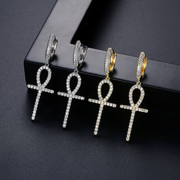 Women's Copper Cross Earrings With Zircon Accents Electroplated Geometric Punk Fashion Ear Buckle Jewelry