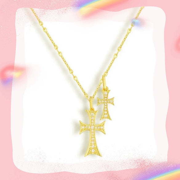 Women's Copper Cross Pendant Necklace With Irregular Multi Layer Chain Geometric Ins Style Electroplated Jewelry