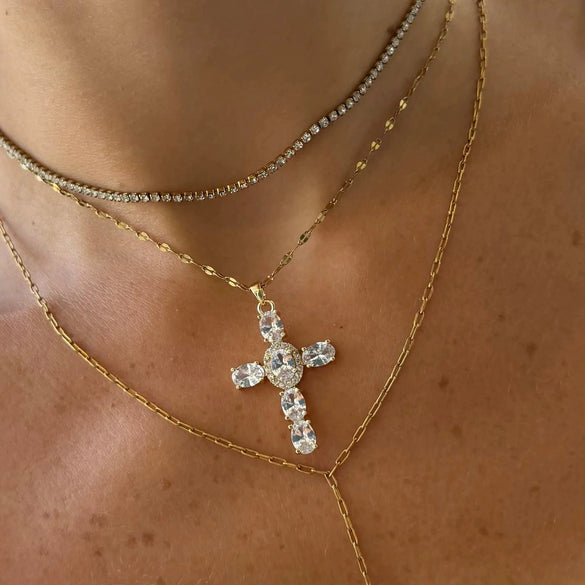 Women's Copper Cross Pendant Necklace With Irregular Multi Layer Chain Geometric Ins Style Electroplated Jewelry