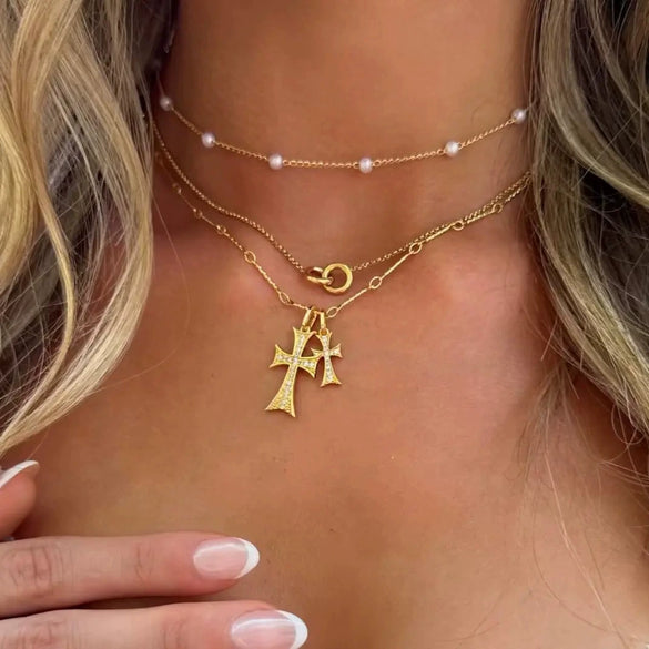 Women's Copper Cross Pendant Necklace With Irregular Multi Layer Chain Geometric Ins Style Electroplated Jewelry