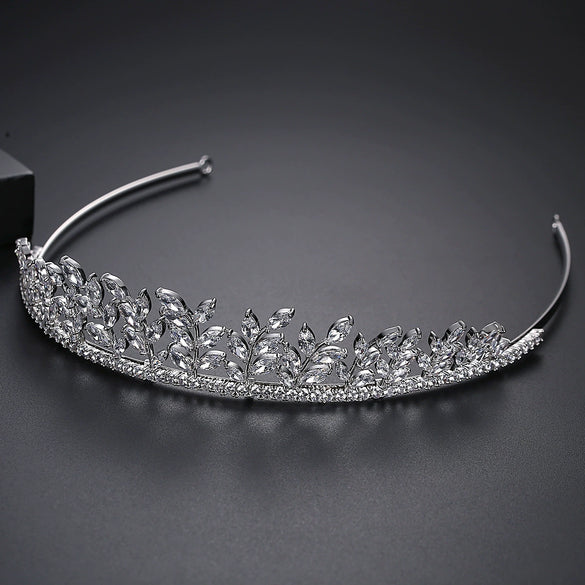 Women's Copper Crown Tiara With Leaf Design And Zircon Accents For Bridal Wedding Headwear