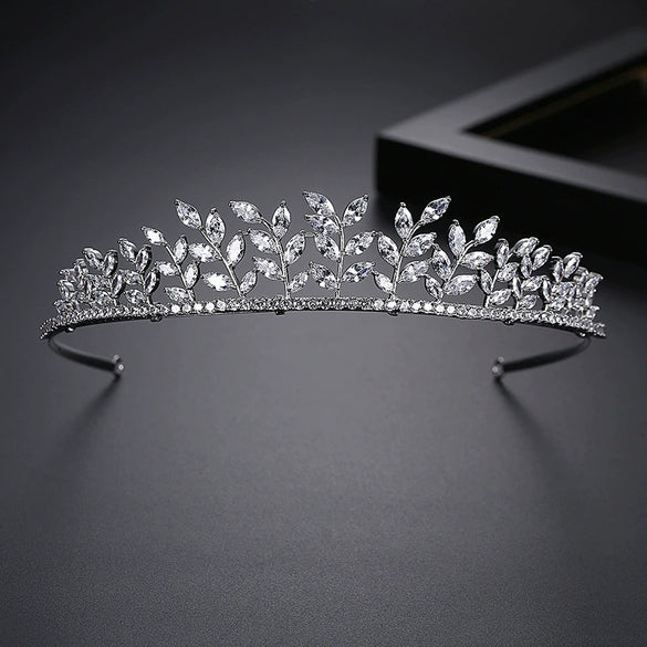 Women's Copper Crown Tiara With Leaf Design And Zircon Accents For Bridal Wedding Headwear