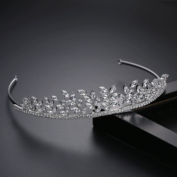 Women's Copper Crown Tiara With Leaf Design And Zircon Accents For Bridal Wedding Headwear