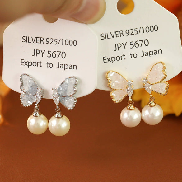 Women's Copper Crystal Blue Butterfly Pearl Geometric Bow Electroplated Earrings