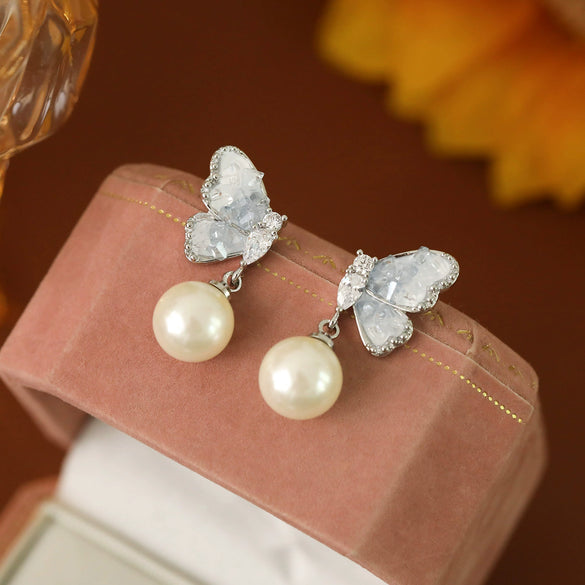Women's Copper Crystal Blue Butterfly Pearl Geometric Bow Electroplated Earrings