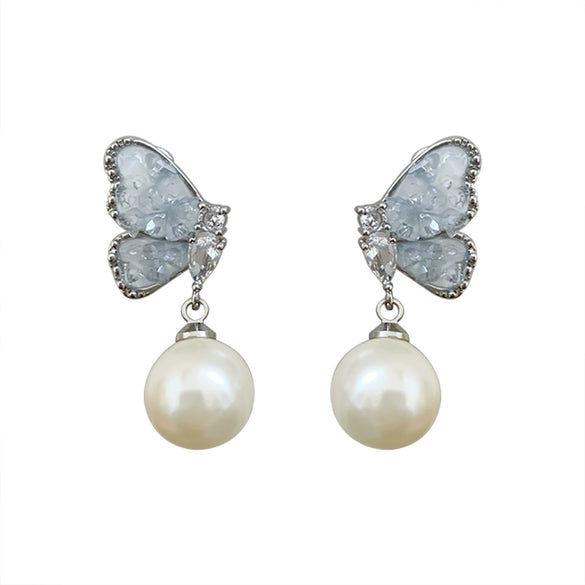 Women's Copper Crystal Blue Butterfly Pearl Geometric Bow Electroplated Earrings