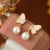Women's Copper Crystal Blue Butterfly Pearl Geometric Bow Electroplated Earrings