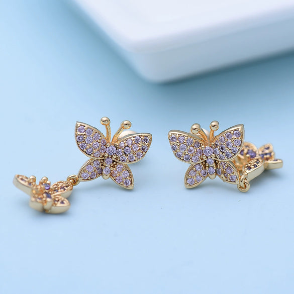 Women's Copper Double Bow Earrings With Zircon Inlay And Electroplated Finish Fashion Jewelry Wholesale