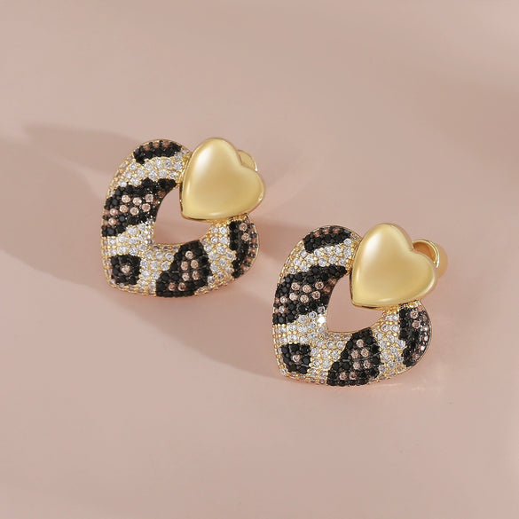 Women's Copper Double Heart Earrings With Leopard Print Snake Python Pattern Electroplated