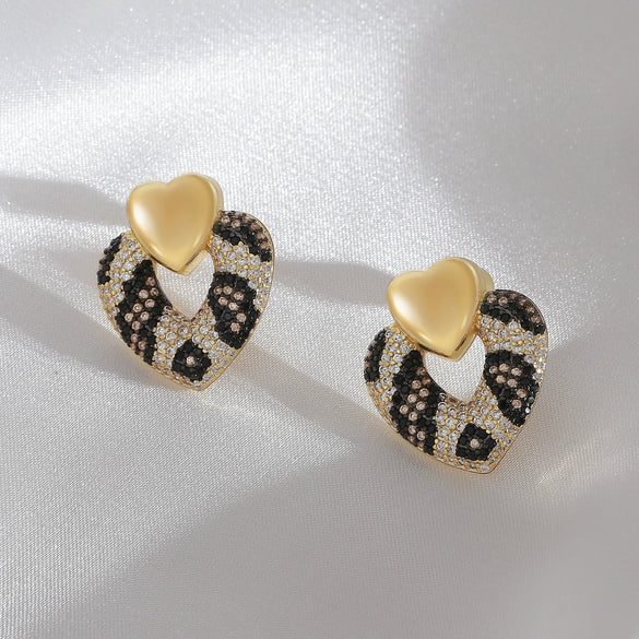 Women's Copper Double Heart Earrings With Leopard Print Snake Python Pattern Electroplated