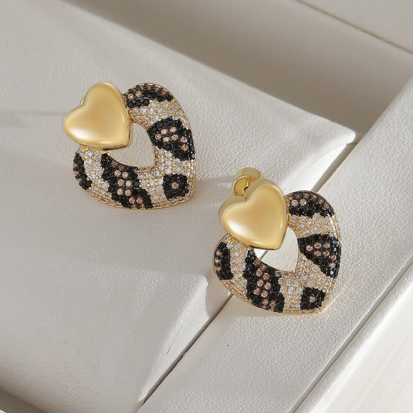 Women's Copper Double Heart Earrings With Leopard Print Snake Python Pattern Electroplated