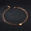 Women's Copper Double Layer Heart Anklet With Rice Beads And Heart Shaped Zircon Charm