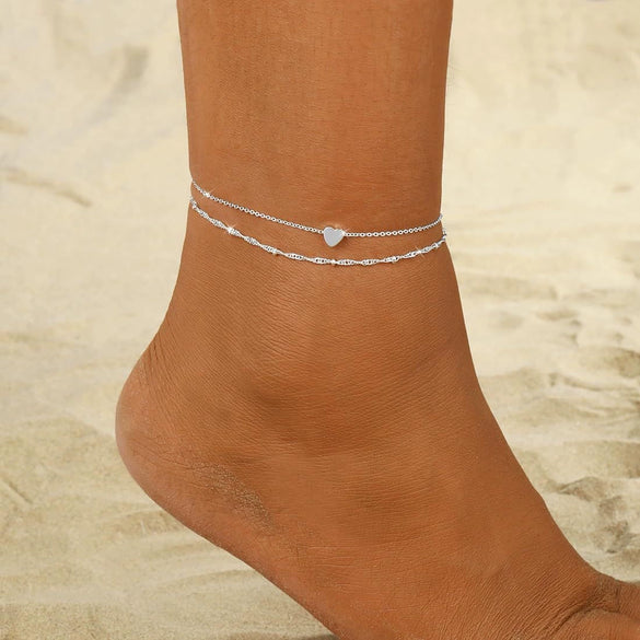 Women's Copper Double Layer Heart Shaped Anklet Casual Fashion Beach Foot Jewelry
