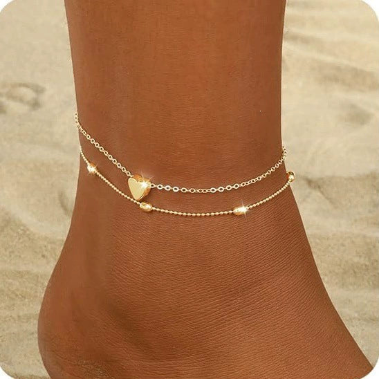 Women's Copper Double Layer Heart Shaped Anklet Casual Fashion Beach Foot Jewelry