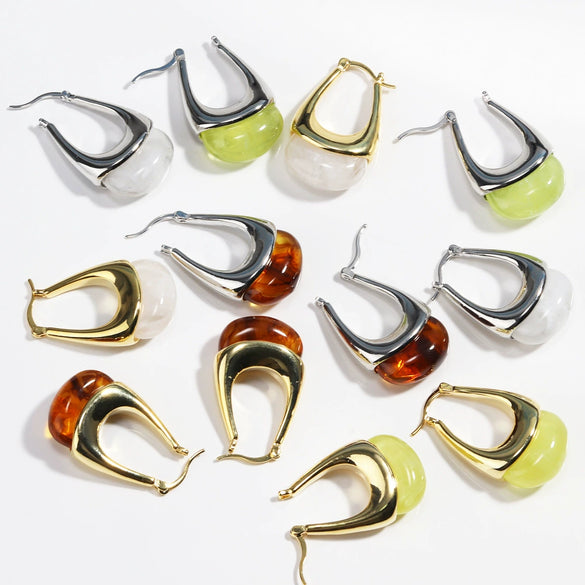 Women's Copper Earrings Geometric Ushaped Design Inlaid Transparent Resin Electroplating Minimalist Style