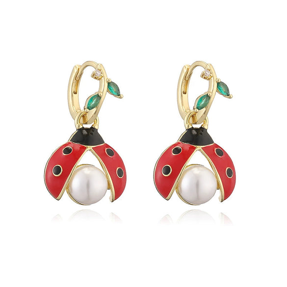 Women's Copper Earrings With Ladybird Insect And Star Pattern And Zirconia Design