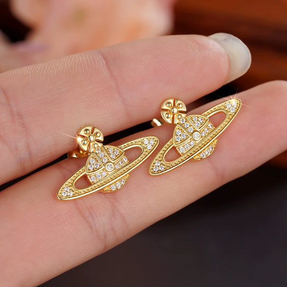 Women's Copper Earrings With Star And Geometric Pattern And Zirconia Design Lovely And Minimalist Style