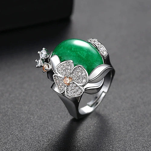 Women's Copper Electroplated Emerald Chalcedony And Zircon Inlaid Geometric Adjustable Ring Fashion Jewelry