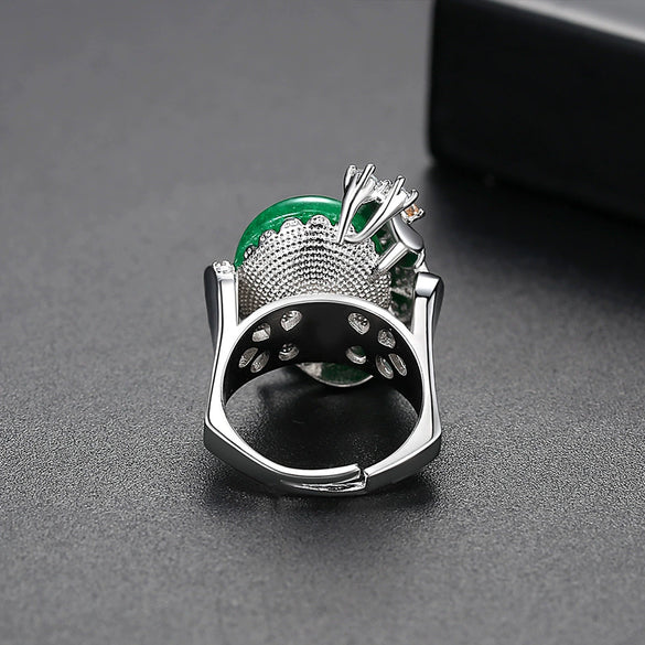 Women's Copper Electroplated Emerald Chalcedony And Zircon Inlaid Geometric Adjustable Ring Fashion Jewelry