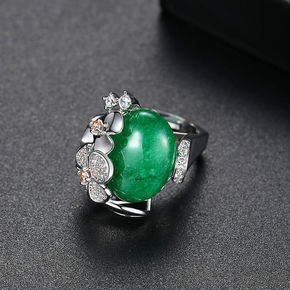 Women's Copper Electroplated Emerald Chalcedony And Zircon Inlaid Geometric Adjustable Ring Fashion Jewelry