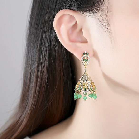 Women's Copper Electroplated Geometric Crystal Tassel Earrings Vintage Style Set With Zircon Inlay
