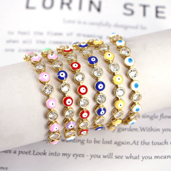 Women's Copper Electroplated Geometric Eye Bracelet With Micro Inlaid Zircon And Enamel Round Charm Adjustable Style