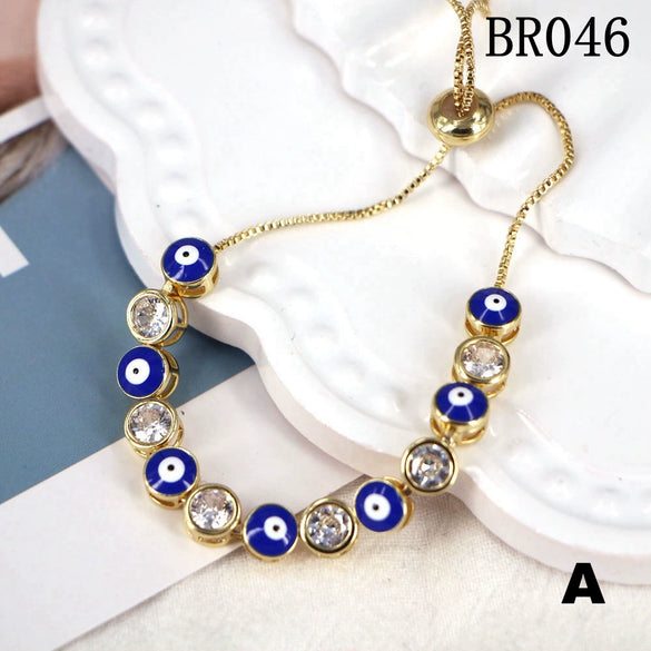 Women's Copper Electroplated Geometric Eye Bracelet With Micro Inlaid Zircon And Enamel Round Charm Adjustable Style