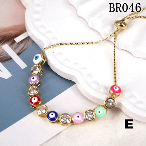 Women's Copper Electroplated Geometric Eye Bracelet With Micro Inlaid Zircon And Enamel Round Charm Adjustable Style