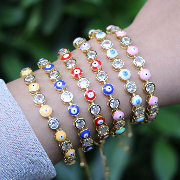 Women's Copper Electroplated Geometric Eye Bracelet With Micro Inlaid Zircon And Enamel Round Charm Adjustable Style