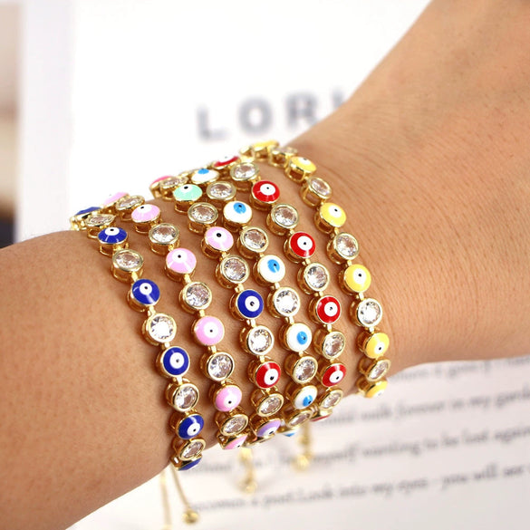 Women's Copper Electroplated Geometric Eye Bracelet With Micro Inlaid Zircon And Enamel Round Charm Adjustable Style