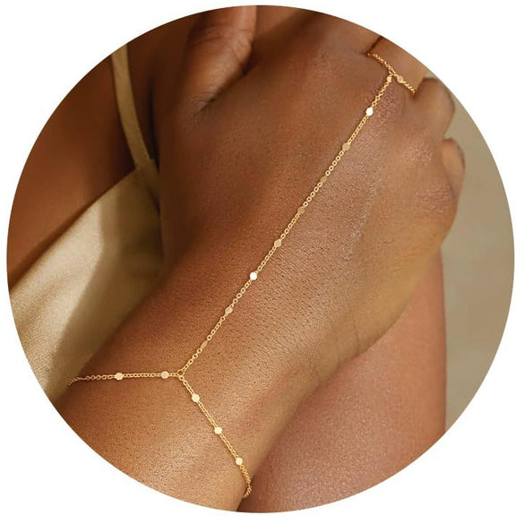 Women's Copper Electroplated Geometric Finger Bracelet Hand Chain Simple Elegant Plain Chain Ring Bracelet