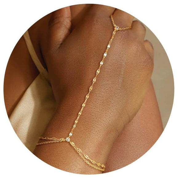 Women's Copper Electroplated Geometric Finger Bracelet Hand Chain Simple Elegant Plain Chain Ring Bracelet