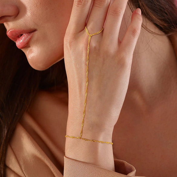 Women's Copper Electroplated Geometric Finger Bracelet Hand Chain Simple Elegant Plain Chain Ring Bracelet