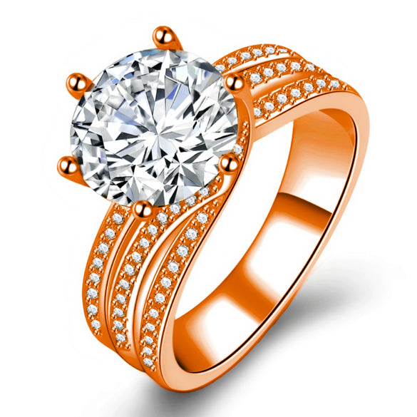 Women's Copper Electroplated Geometric Zircon Engagement Ring With Rotating Twist And Classic Six Claw Setting