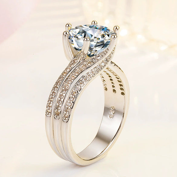 Women's Copper Electroplated Geometric Zircon Engagement Ring With Rotating Twist And Classic Six Claw Setting