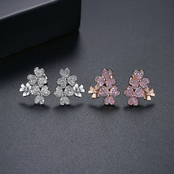 Women's Copper Electroplated Heart And Flower Earrings With Micro Inlaid Zircon Simple Elegant Fashion Earrings