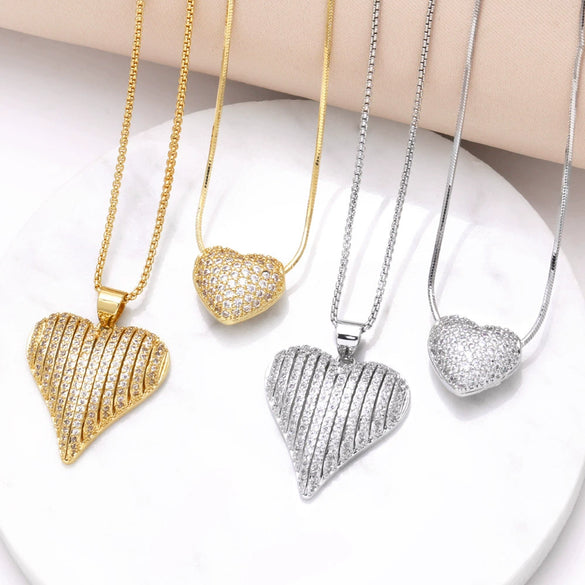 Women's Copper Electroplated Love Heart And Geometric Pendant Necklace With Full Zircon And Regular Chain
