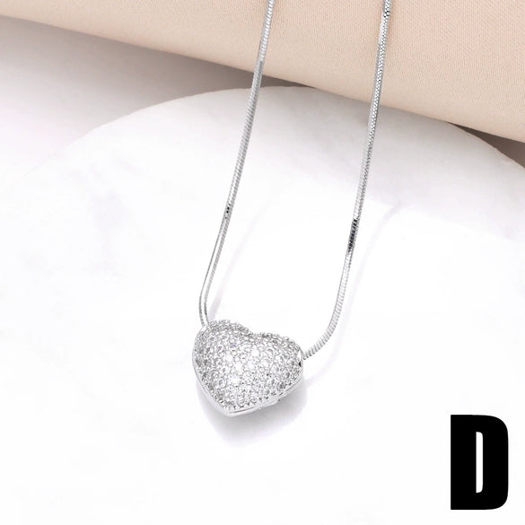 Women's Copper Electroplated Love Heart And Geometric Pendant Necklace With Full Zircon And Regular Chain