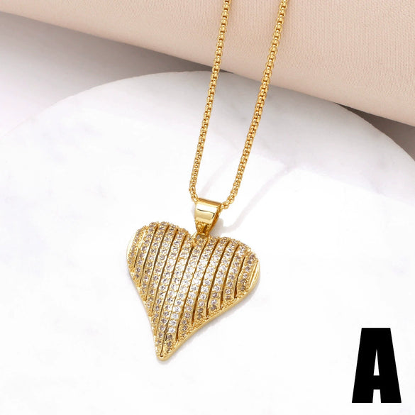 Women's Copper Electroplated Love Heart And Geometric Pendant Necklace With Full Zircon And Regular Chain