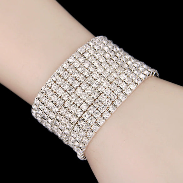 Women's Copper Electroplated Multi Row Geometric Elastic Bracelet With Shiny Rhinestone Inlay And Glossy Finish