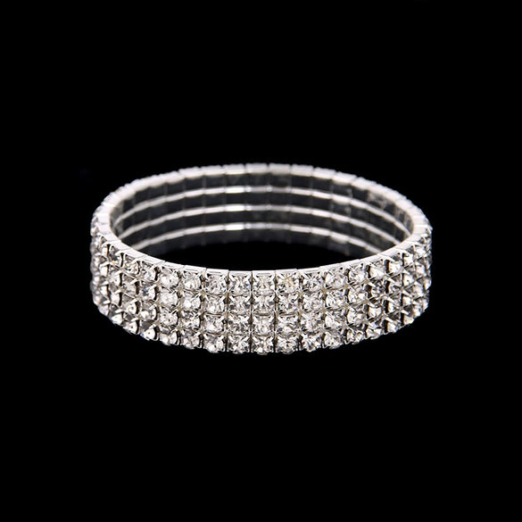 Women's Copper Electroplated Multi Row Geometric Elastic Bracelet With Shiny Rhinestone Inlay And Glossy Finish