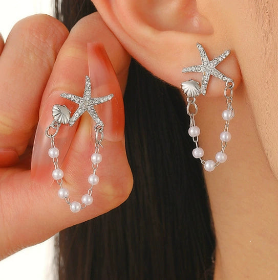Women's Copper Electroplated Starfish And Pearl Dangle Earrings Sweet And Cool Style Fashion Jewelry