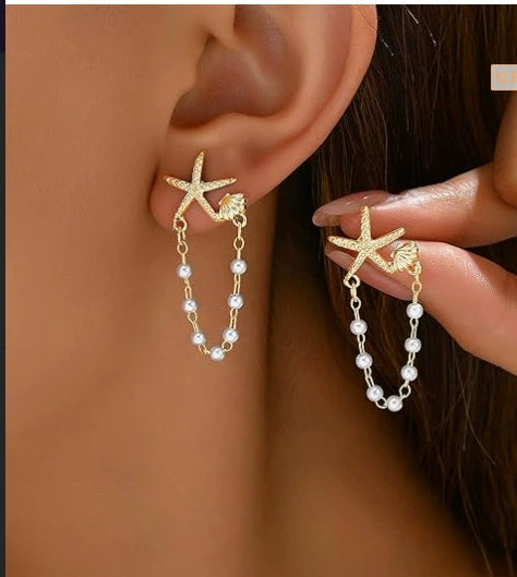 Women's Copper Electroplated Starfish And Pearl Dangle Earrings Sweet And Cool Style Fashion Jewelry